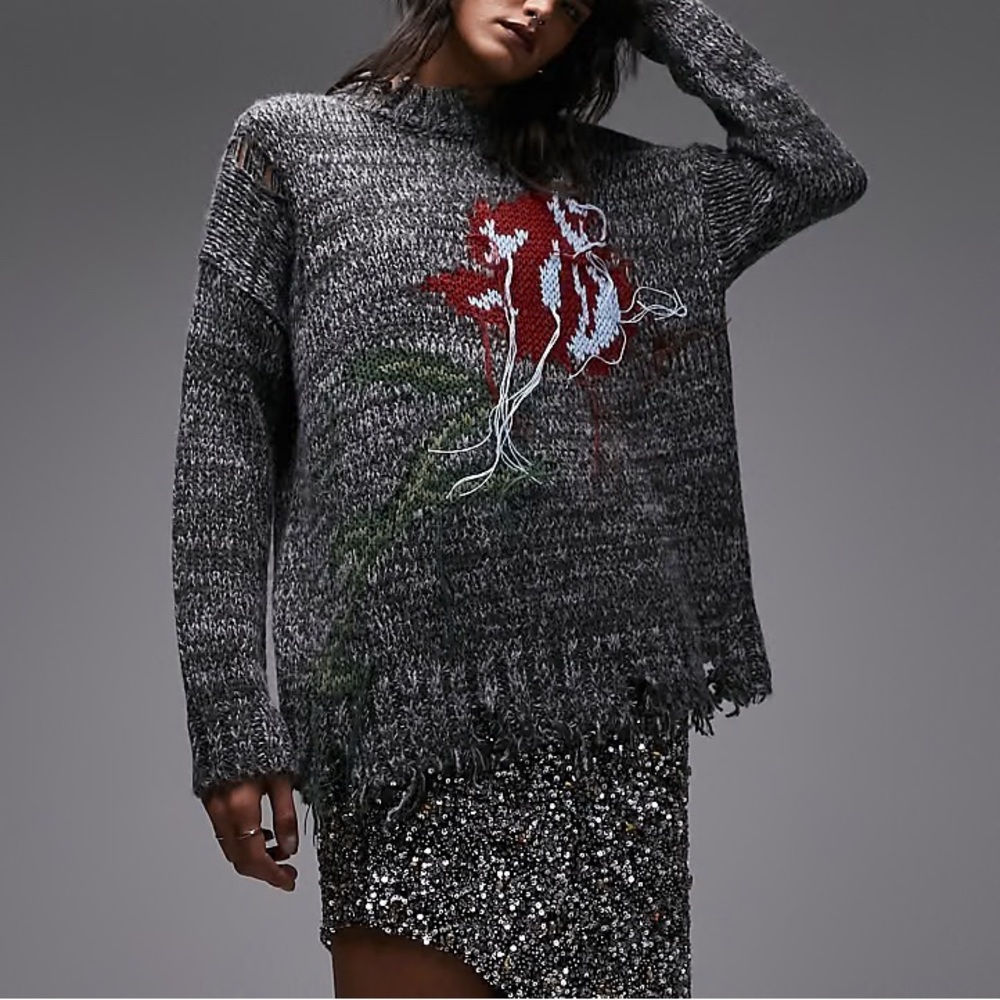 TOPSHOP Wool Blend Distressed Rose Mock Neck Sweater